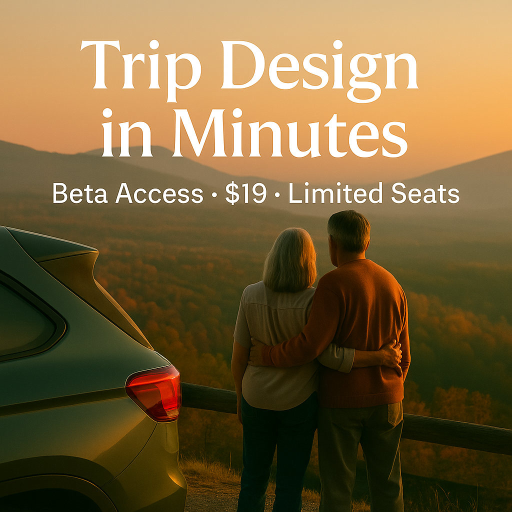 Couple reviewing a road trip plan at a scenic overlook